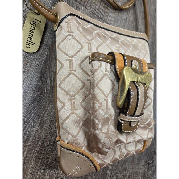 Tignanello Signature Cross Body Bag Beige Tan Gold Canvas Leather Buckle Pocket - Picture 2 of 7